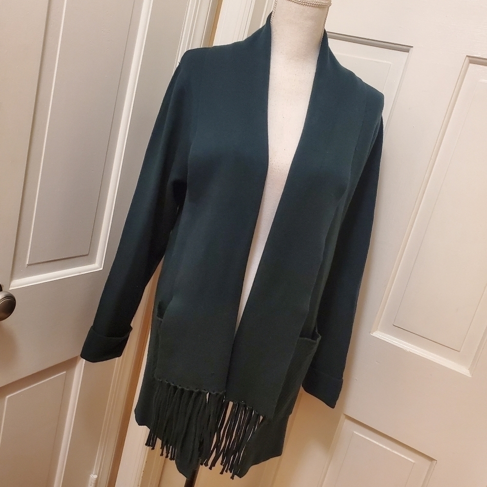 Magaschoni Pine Green Open Front Cardigan size Large, classic, casual